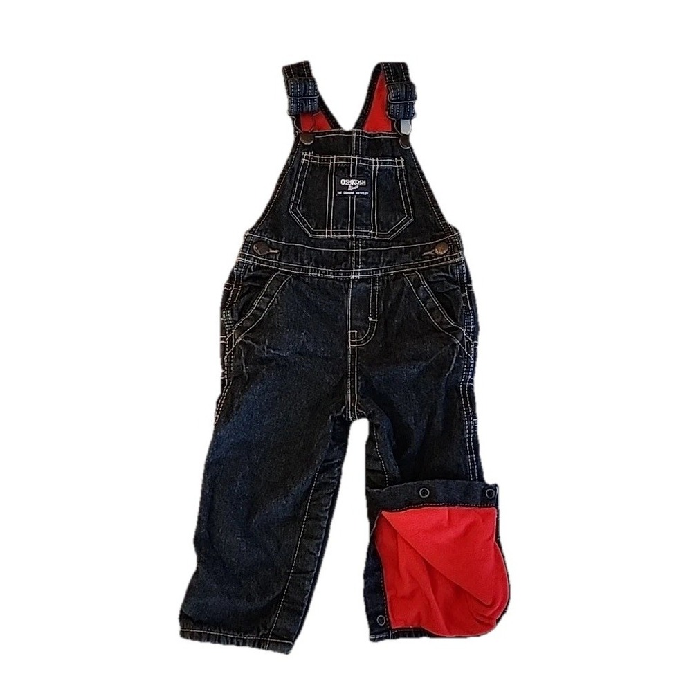 OshKosh B'gosh Toddler Overalls Blue Denim Red Fleece Lined Snaps Sz 12 Mos